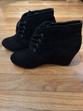 Classic Black Suede Lace-Up Wedge Ankle Booties
